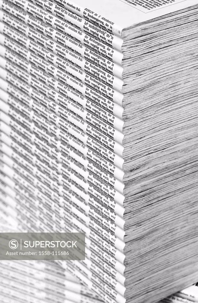 Newspaper-stack, newspapers, detail, stack, writing, stacked, white, black, 06/2006