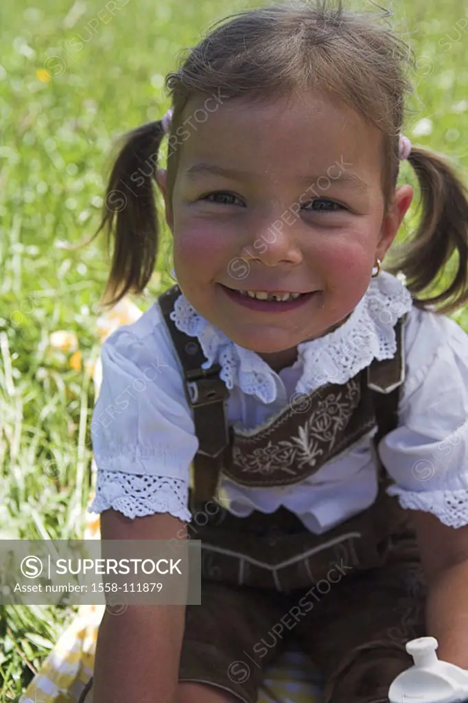 Girls, official dress, meadow, sits, cheerfully, semi-portrait, series, 5-10 years, child, blond, blouse, leather shorts, clothing, country house-styl...