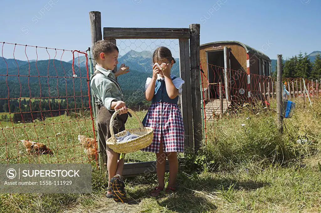 Farm, chicken coop, neutral, children, official dress, basket, hen-eggs, series ´people 5-10 years boy girls leather shorts, Dirndl, dress, clothing, ...