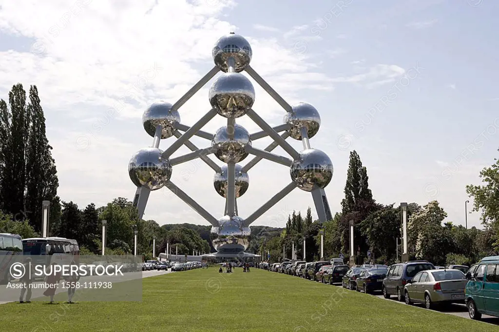 Belgium, Brussels, park, Atomium, parking place, cars, summers, only editorially, series, Benelux, capital, sculpture, representation, iron-crystal, i...