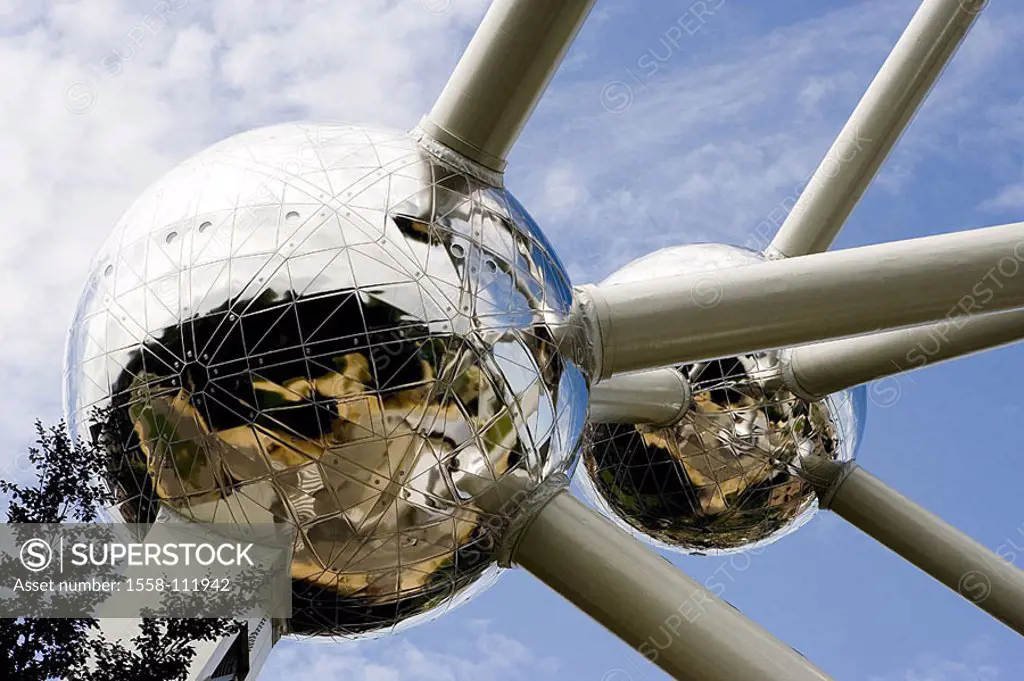 Belgium, Brussels, park, Atomium, detail, only editorially, series, Benelux, capital, sculpture, representation, iron-crystal, iron-crystal-molecule, ...