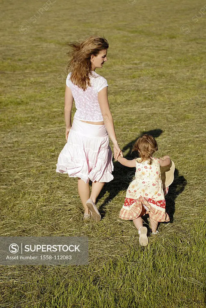Goes meadow, mother, toddler, hand in hand, back-opinion, series, people woman 30-40 years child girls, 2 years, summer-dress, hands, walk, hold runs,...