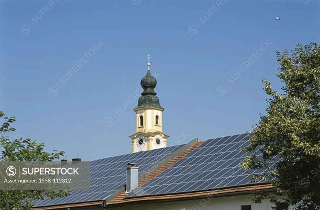 Germany, Bavaria, farm, stall, detail, roof, Photovoltaikanlage, steeple, economy, sideline, generators, buildings, stall-buildings, stall-roof, solar...