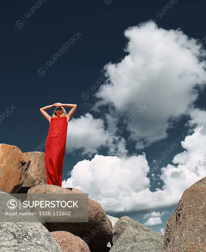 Boulders, woman, dress red, gaze distance, hands shield-protection cloud-heavens rocks stones people, young, blond, stands, however, leaves, gesture, ...