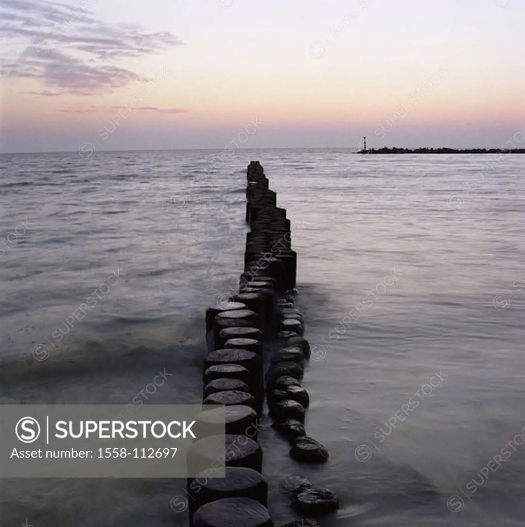 Baltic sea, groynes, surf-wall, sea-signs, sunrise, sea, water, coast-protection, wall, breakwaters, dam-bodies, wood-posts, protection, silence, sile...