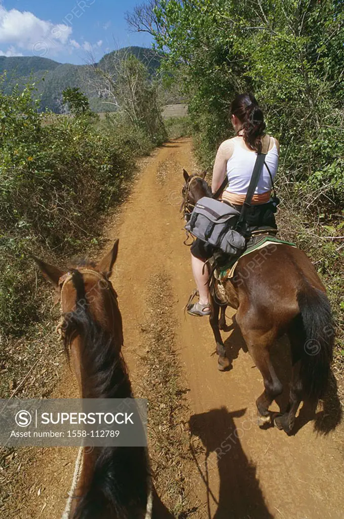 Cuba, province Pinar models forest path riders no release, Central America, highland-shaft, forest, woman, tourist, camera-bag, horse, symbol, Del Rio...
