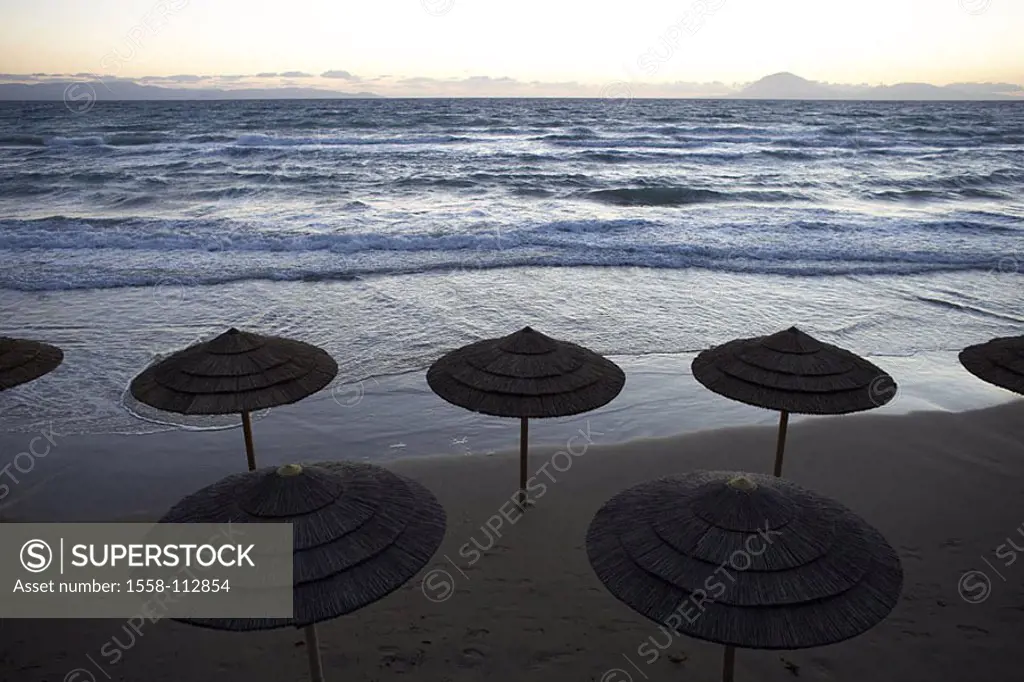 Mediterranean, beach, parasols, human-empty, sea-gaze, twilight, sandy beach, beach, sand, umbrellas, straw-umbrellas, leaves, silence, silence, lonel...