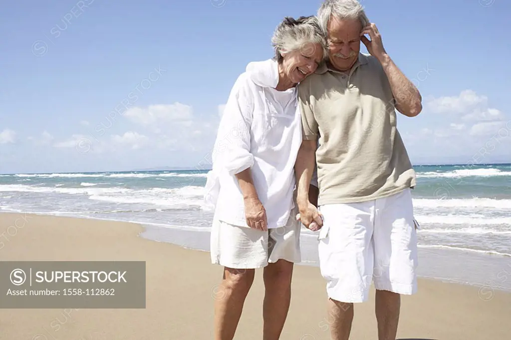 Beach, senior-pair, hand in hand, beach-walk, cheerfully, detail, series, people, seniors, pair, 60-70 years, leisurewear, walk, happily, love, harmon...