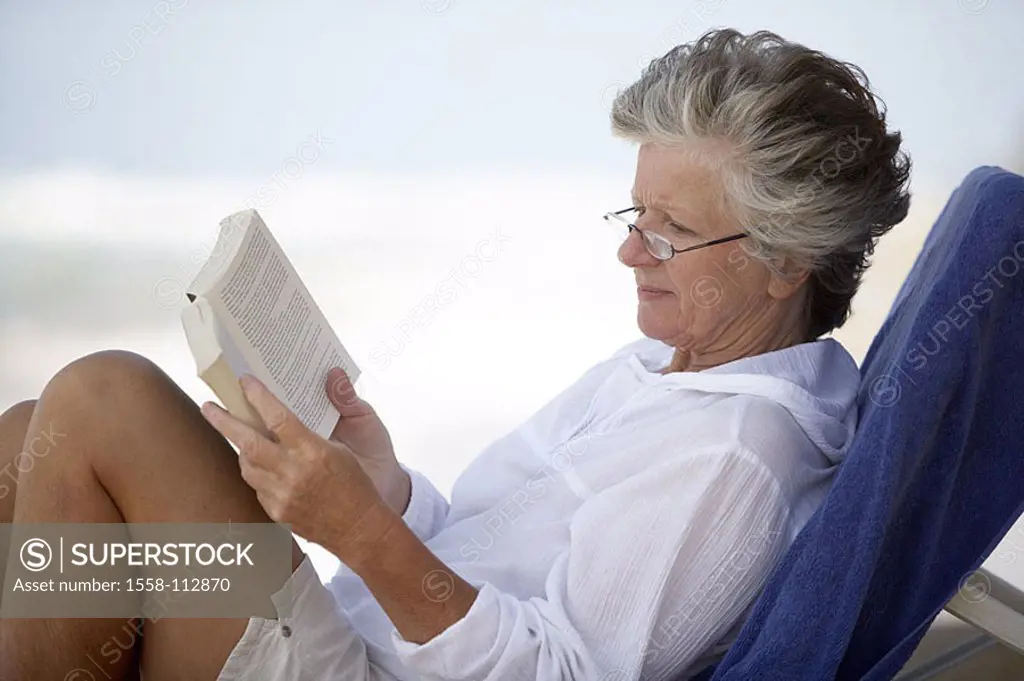 Beach, senior, glasses, deck chair, book, reads, relaxation, detail, series, people, woman, 60-70 years, grey-haired, leisurewear, sun-day bed, sits, ...