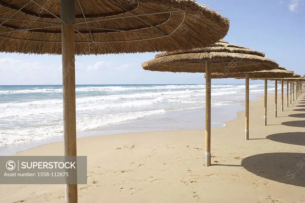 Mediterranean, beach, parasols, human-empty, sea-gaze, sandy beach, beach, sand, umbrellas, straw-umbrellas, silence, leaves silence, loneliness symbo...