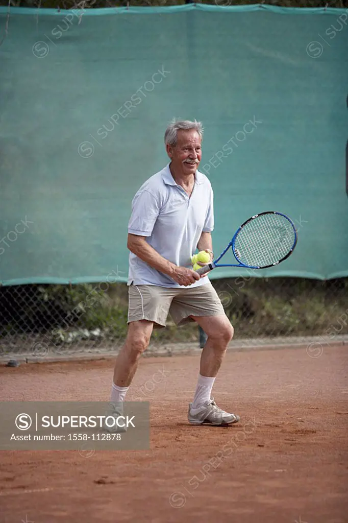 Senior, tennis-games, cheerfully, people, man, 60-70 years, grey-haired, tennis court, tennis rackets, tennis balls, holds, plays, match, tennis-match...