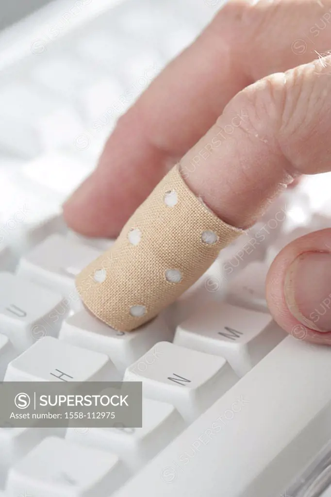 Men´s-hand, index fingers, Band-Aid, computer-keyboard, data input, detail, man, hand, fingers, injury, writes adhesive tape, keyboard, buttons, perip...