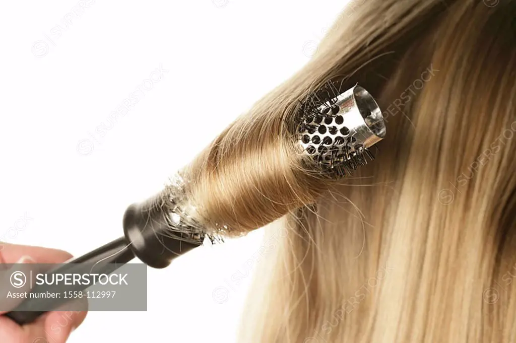 Woman, blond, hair-strand, round-brush, close-up, blond, long-haired, hair, turns up blow-dries, hairbrush, hair dryer-brush, brush, symbol, hairdo, b...
