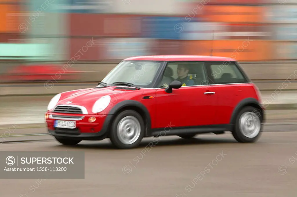 Car, mini Cooper, drives, with-drawn, marks unrecognizable does, , , container-harbor, red vehicle, private car, drive, motorists, side-opinion, athle...