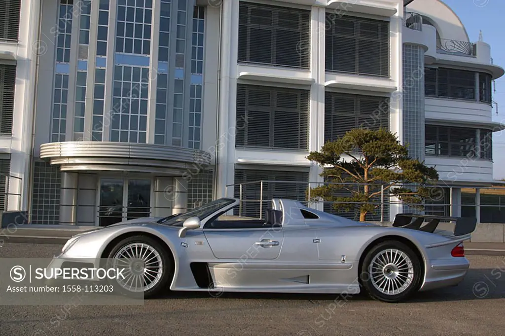 Buildings, car, Mercedes, HWA CLK GTR Roadster, side-opinion, no property release, office buildings, vehicle, private car, silvery, Mercedes-Benz, rac...