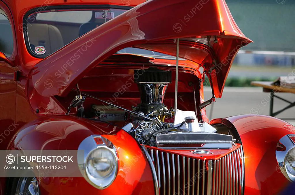 Car, Oldtirmer, Hot Rod, cooler-bonnet openly, no property release, Drag Racing, vehicle, private car, red, old, American, Classic Car, exhibit, sport...