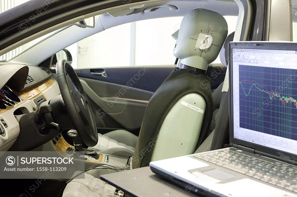 Measuring-laboratory, private car, test-vehicle, Dummy, simulation, ´drivers´, laptop, measurements, no property release, vehicle-industry, automobile...