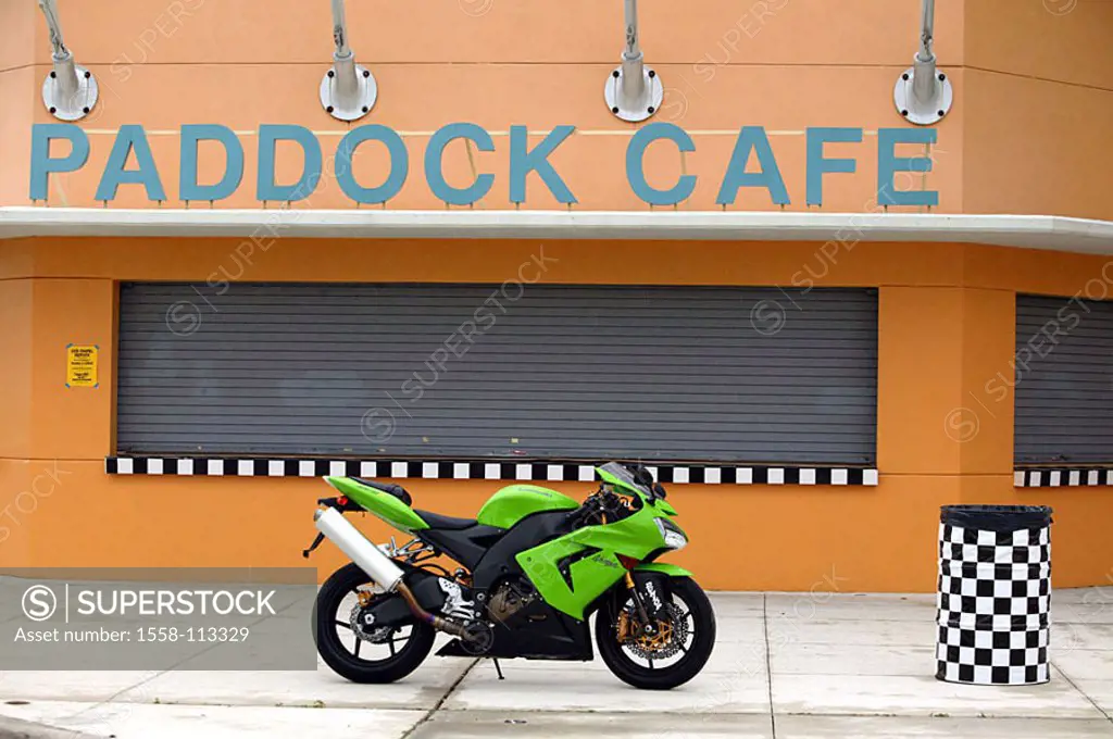 Cafe, sidewalk, motorcycle, Kawasaki ´Ninja ZX-10R´, stopped, parked, no property release, vehicle, bicycle, motorcycle, design, green, at the side, c...