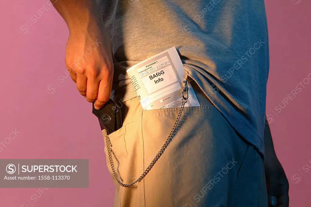 Man, young, student, pants-bag, chain, hand, purses, pockets, info-leaf, BaföG, teenager, youth, formation, study, education, symbol, costs, studies, ...