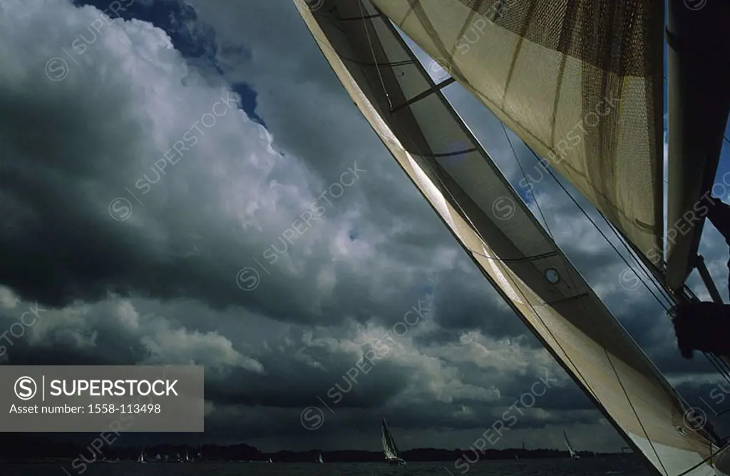 Germany, Schleswig-Holstein, Kieler firth, regatta, sailboat, detail, sails, thunderstorm-mood, Baltic sea, Baltic Sea*-bath, Kiel, Baltic sea, sea, s...