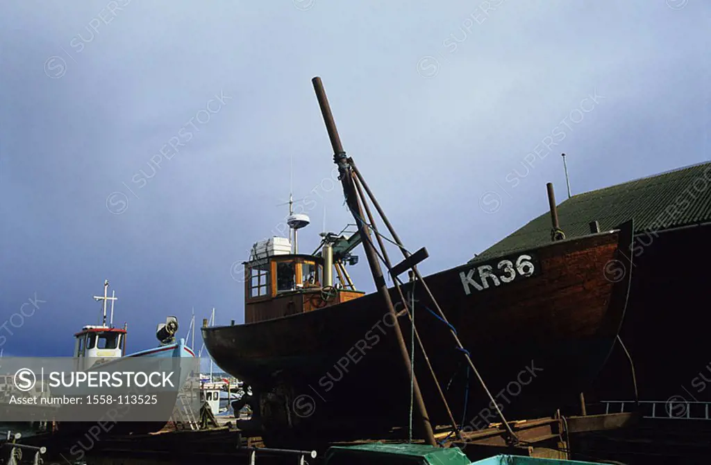 Denmark, big Belt, island Agersoe, harbor, shipyard, fisher-boats, Baltic sea, fisher-harbor, boats, fish-cutters, dry-dock, dock, repair-works, repai...