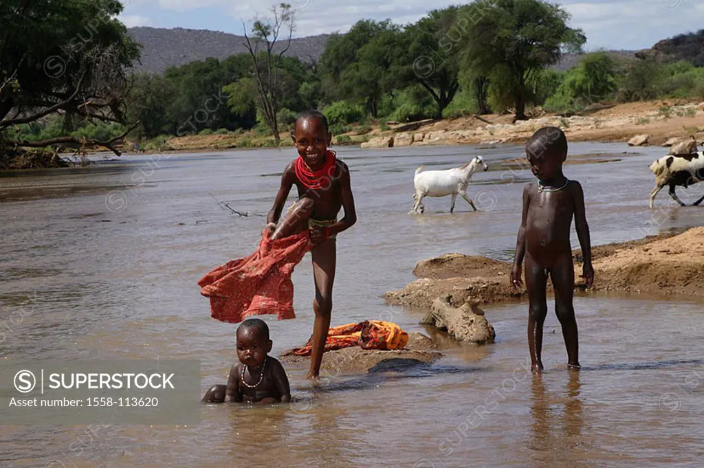 Kenya, Samburu-Reservat, Uaso Nyero river, Samburu-Kinder, goats, no models North-Kenya, national-preserve, preserve, people, release, Africa, nomads,...