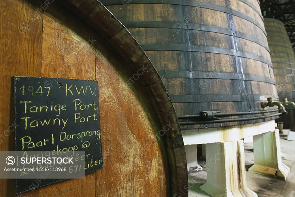 South Africa, province west-cape Paarl wine-grower-cooperative KWV winery, wood-barrels, blackboard, Africa, cape-province, Paarl Wine route, Main Str...