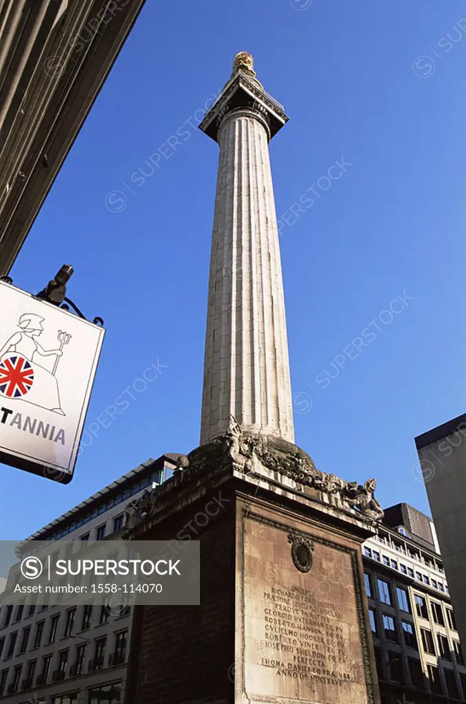 Great Britain, London, monument Street, ´The monument´, England, capital, bank-buildings, high-rises, office buildings, place, column, monument, memor...
