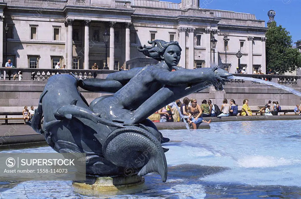 Great Britain, London, Trafalgar Square, well-installation, well-sculpture, tourists, England, capital, place, wells, basin, basins, bronze-statue, si...