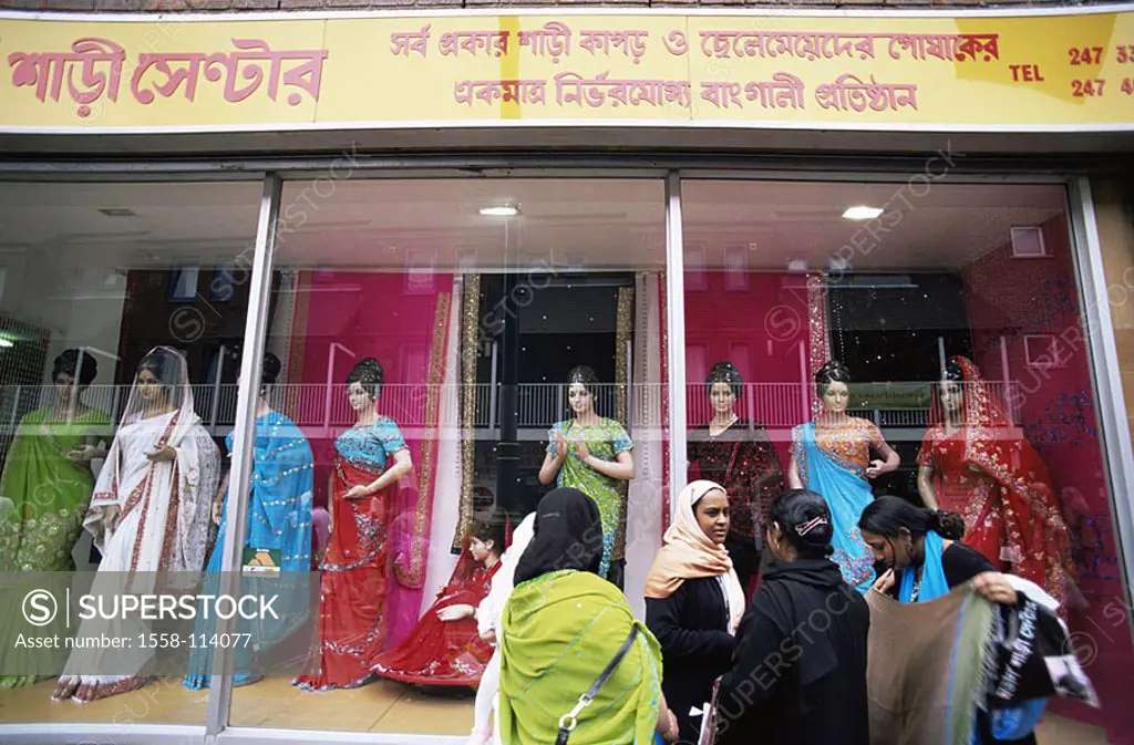 Great Britain, London, Brick Lane, business, display windows, exhibition, Saris, no models capital, clothing-business, garments, Asian, Indian, releas...