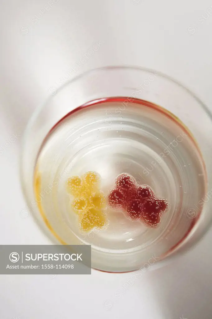 Tumbler, rubber-bear-little, soaks, from above, broached, series, glass, Trinklas, water, fruit-rubber, sweetness, sweet, sweetly, softens up, dissolv...