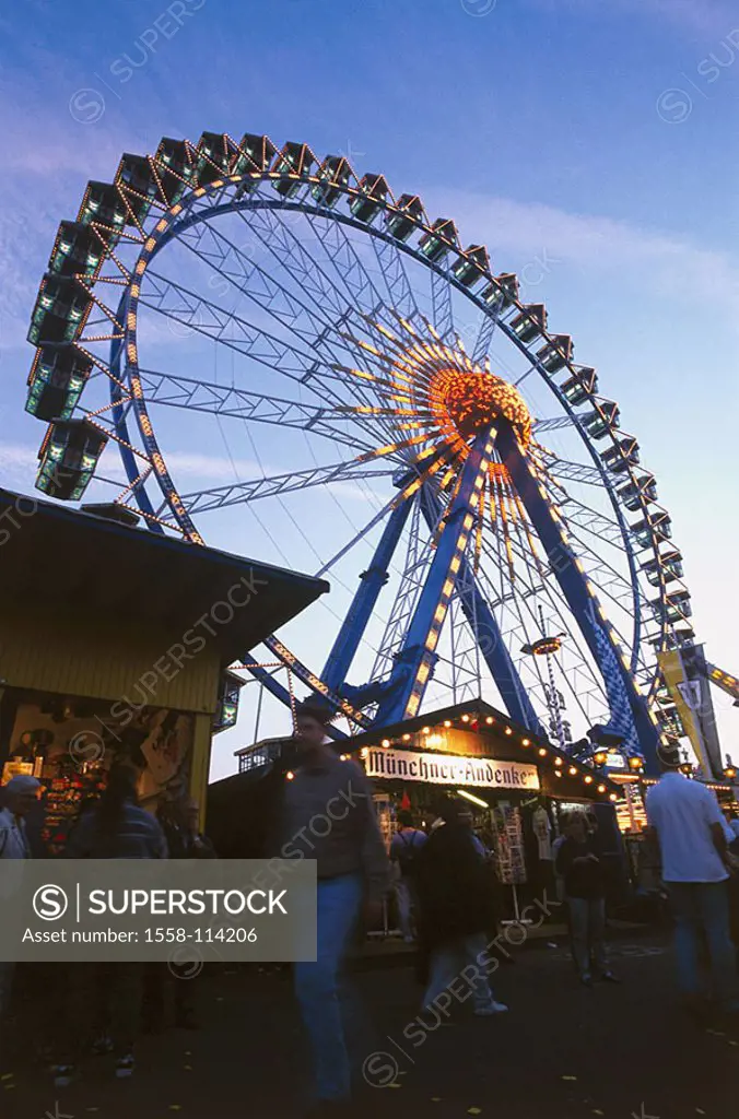 Germany, waiter-Bavaria, Munich, Theresienwiese, Oktoberfest, giant-wheel, illumination, evening, Bavaria, fairground, Wiesn, amusement-party, festiva...
