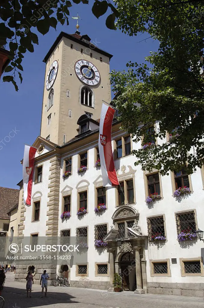 Germany, Bavaria, Regensburg, town hall, flags, Southern Germany, waiter-palatinate, city, buildings, construction, architecture, sight, town hall-tow...