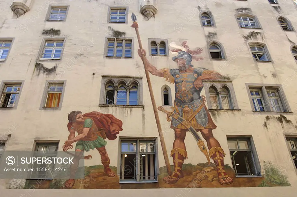 Germany, Bavaria, Regensburg, house-facade, wall-painting, paintings, detail, Southern Germany, waiter-palatinate, city, old part of town, district, U...