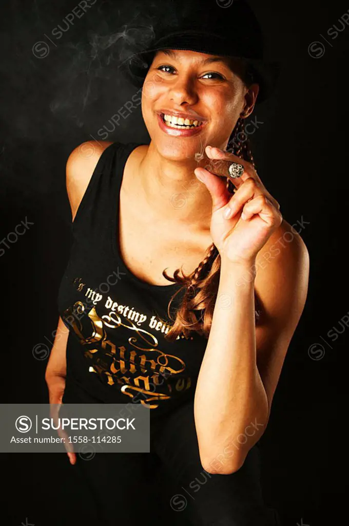 Woman, young, swarthily, laughs, people smoke hat, cigar, semi-portrait, 20-30 years Afro-american mulatto people of color headgear, braids, smoker, s...