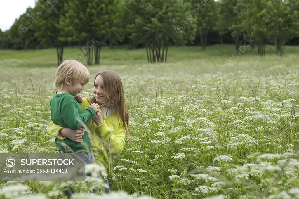 Give birth, girls, flower-meadow, walk, flowers, smell, holds, carries, children, two, siblings, brother, sister, 3-6 years, 10-15 years, childhood, s...