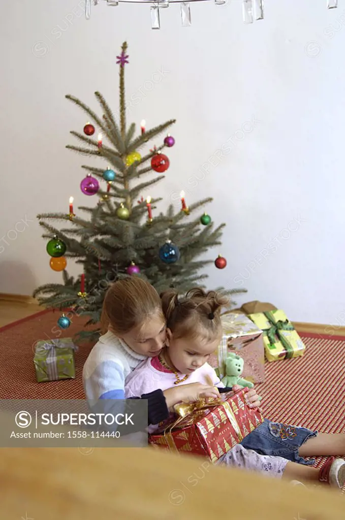 Christmas, sacred evening, children, girls, gift, squeals, together, Christian-tree, Christmas time, Christmas Eve, toddler, 3 years, 7-9 years, sibli...