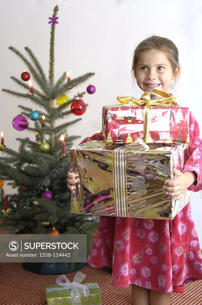 Christmas, sacred evening, child, girls, gifts, stack, carries, cheerfully, Christian-tree Christmas time Christmas Eve, 5-6 years, stands, barefoot, ...