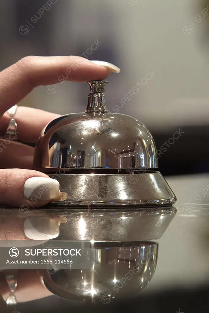 Person, detail, hand, bell, hotel, reception, hotel-reception, customer, guest, woman, women-hand, touch, rings, rings, notably, bell-button, signal-a...