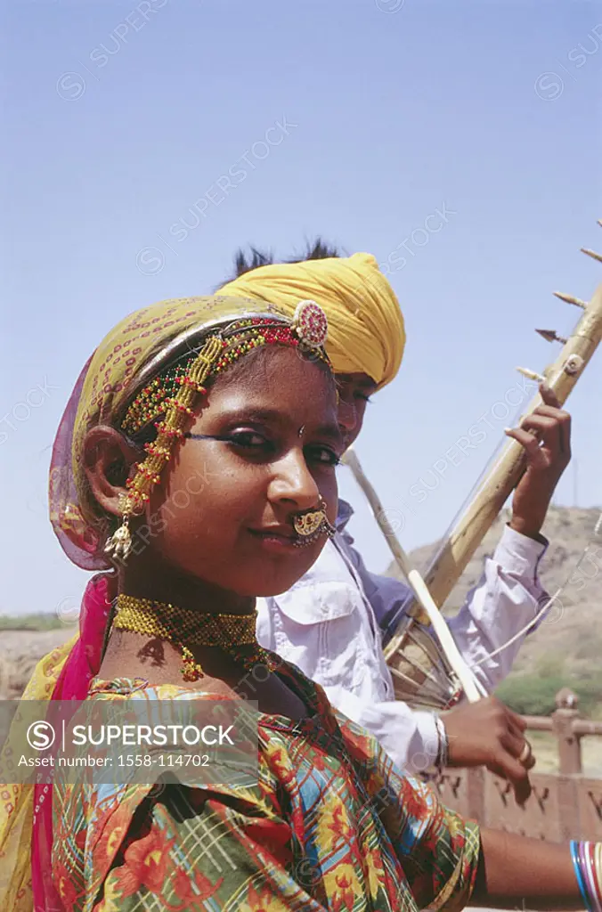 India, Rajastan, Jodhpur, girls, folklore, portrait, at the side, no typically models South-Asia, people, woman, young, release, Asia, Indian, swarthi...