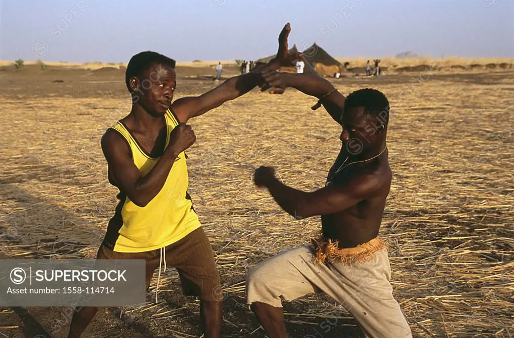 Sudan, Gheddaref, men, wrestling match, , Africa, North-Africa, people, Sudanese, Nubier, opponents people of color, two, upper bodies freely, fight, ...