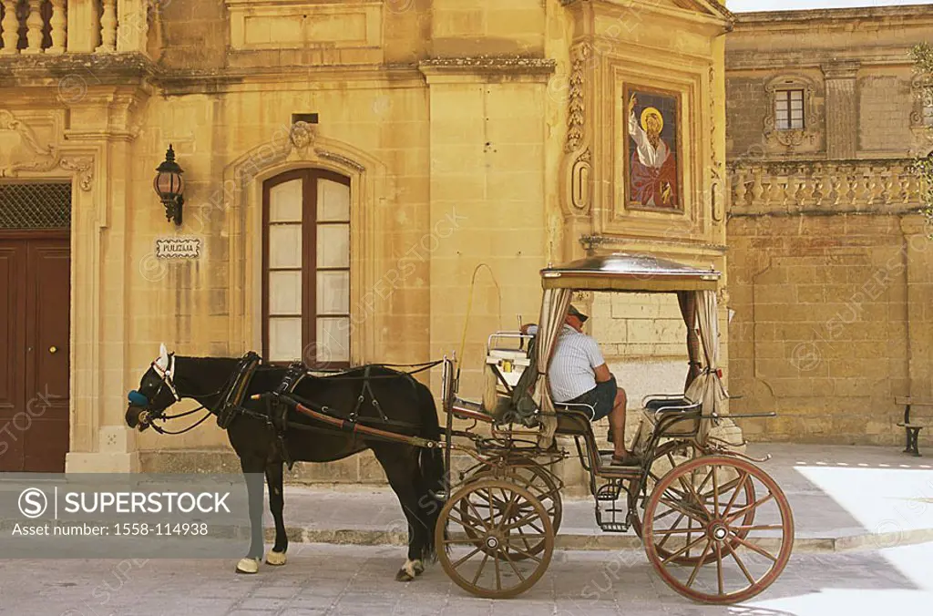 Island Malta, Mdina, old part of town, church, horse-carriage, ´Karozzin´, side-opinion, no mr, Maltese islands, Mediterranean-island, city, construct...