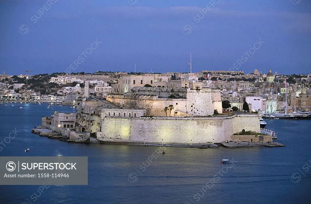 Island Malta, peninsula Sciberras, Valletta, Grand Harbour, gaze Vittoriosa, fort St  Angelo, sea, twilight, Maltese islands Mediterranean-island coas...