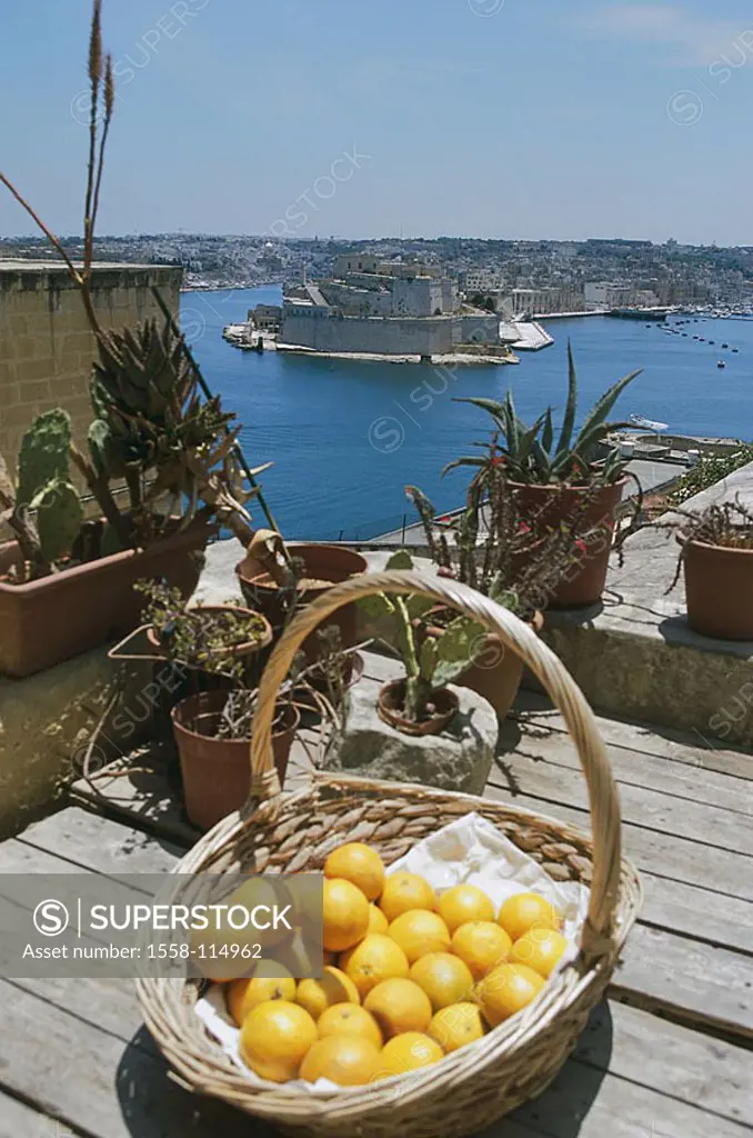 Island Malta, Valletta, terrace, basket, fruit, flowerpots, gaze Vittoriosa, fort St  Angelo, Grand Harbour, Maltese islands, Mediterranean-island, pe...