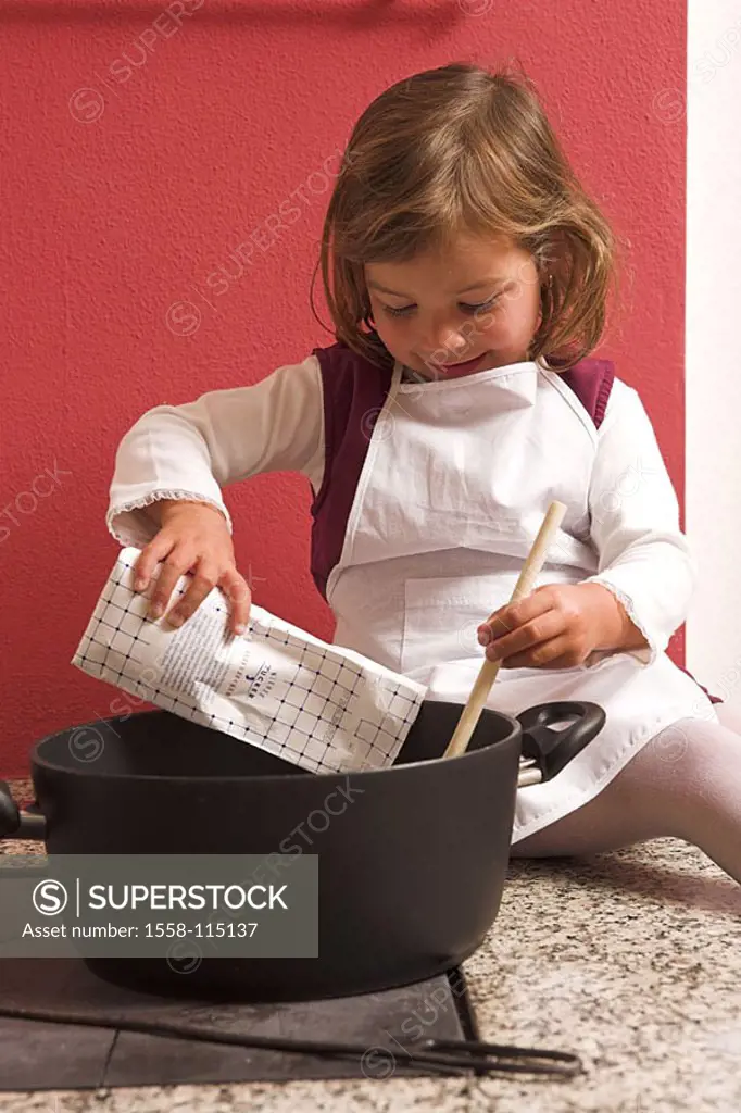 Kitchen, stove, child, girls, ´cook´, pot, spoon, sugar, pours, touches, household, 4 years, apron, cheerfully, happily, fun, enjoyments, sits, sidebo...