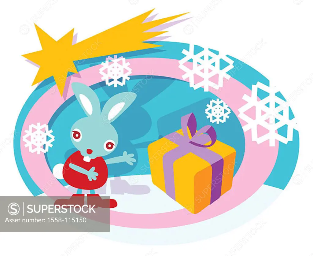Illustration, hare, gift, snowflakes, meteoroid, Christmas time, pre-Christmas time, Advent-time, Christmas, Christmas-like, little hare, Christmas-gi...