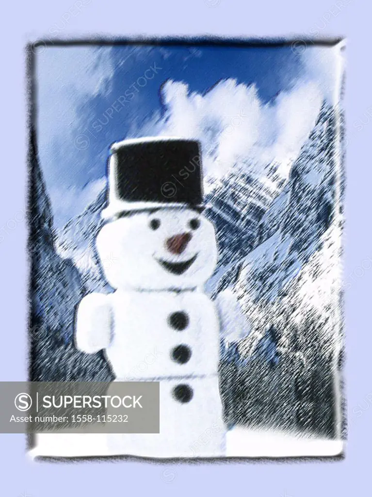 Illustration, snowman, highland-shaft, fuzziness, season, winters, wintry, mountains, snow, innocently, nicely, naively, concept, childhood, pre-Chris...
