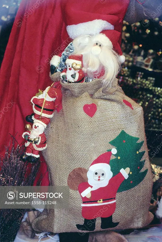 Santa Claus, detail, jute-sack, Nikolaus-figures, Nikoläuse, Santa Claus, figures, toy, sack, gift-sack, rod, concept, childhood, education, education...