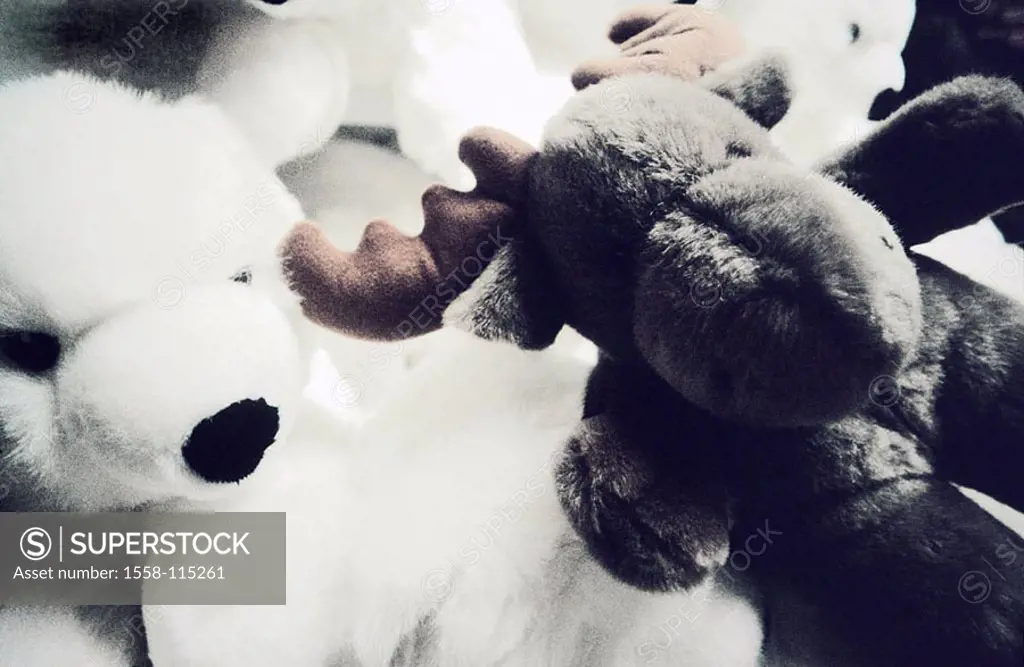 Plush-animals, detail, toy, toy, material-animals, Kuscheltiere, many, differently, elk, bear, polar bear, teddy, concept, soft, woolly, cute, cuddly,...
