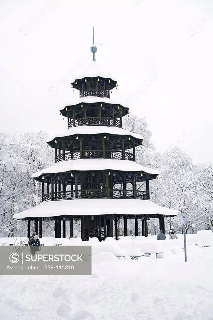 Germany, Bavaria, Munich, English garden, Chinese tower, beer-tables, snow-covered, waiter-Bavaria, park, park, sight, architecture, trees, bald, beer...